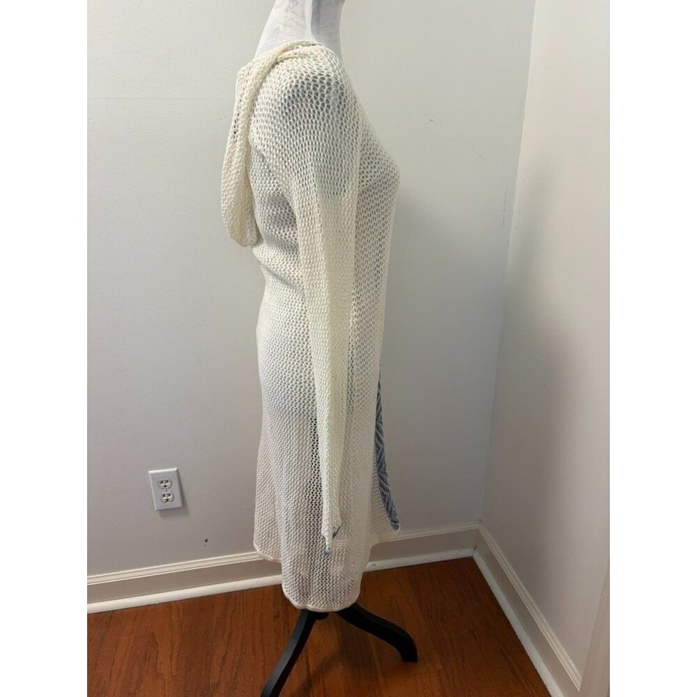 Tommy Bahama Womens S Crochet Knit Hooded Cover Up‎ Dress Cream Blue Beach Boho - Picture 2 of 4